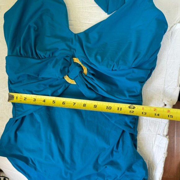SPANX Bayside Halter Shaping 1Piece Swimsuit Ring Buckle Slimming Padded Blue 14 - Picture 15 of 16